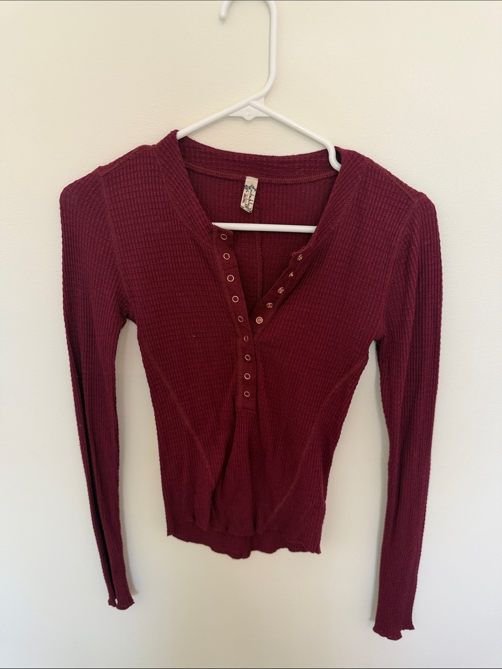 Free People Burgundy Waffle Snap-Front Long Sleeve Top